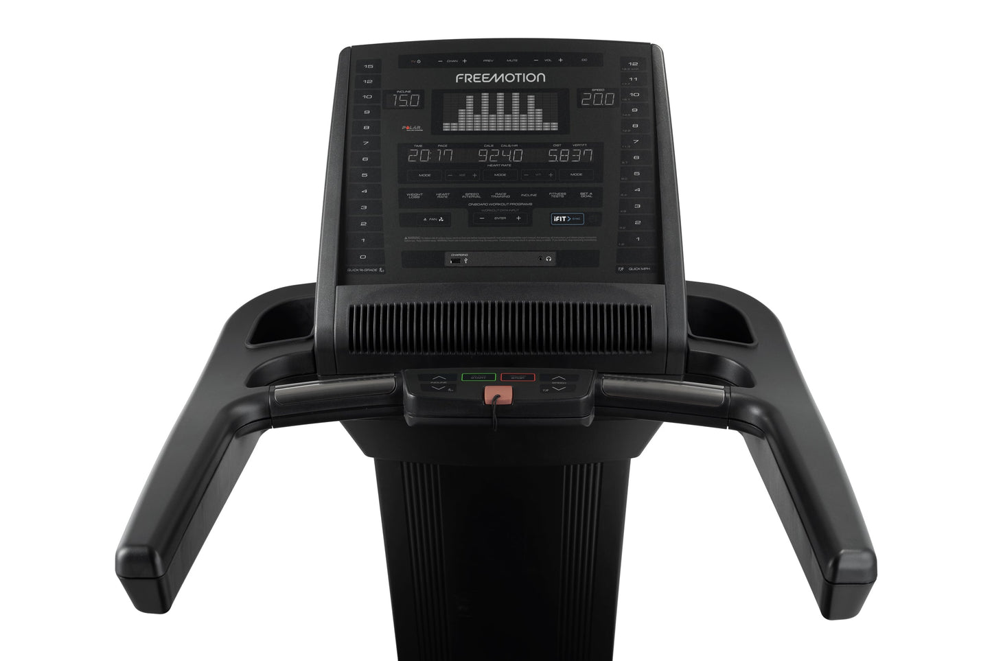 Freemotion t10.9b REFLEX treadmill with black console displaying workout metrics and digital readout, on white background