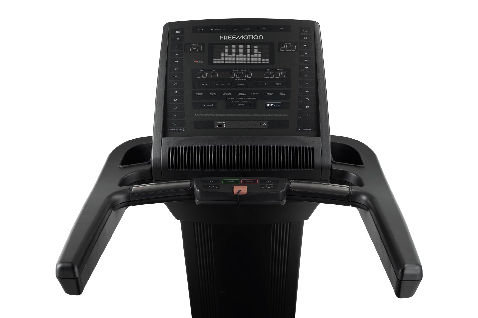 Freemotion t10.9b REFLEX treadmill with black console displaying workout metrics and digital readout, on white background