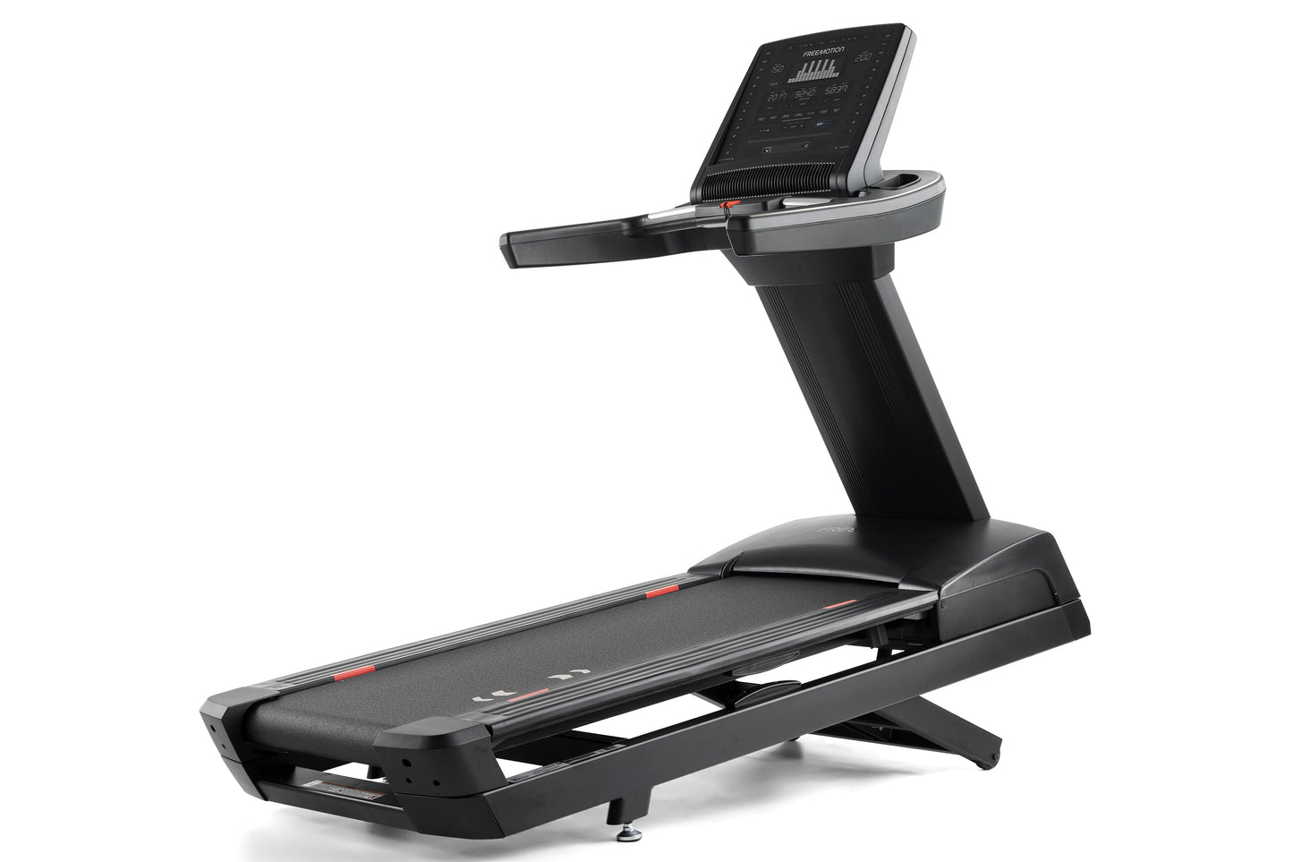 Black Freemotion treadmill with digital console display, gray accents, and red indicator lights on white background