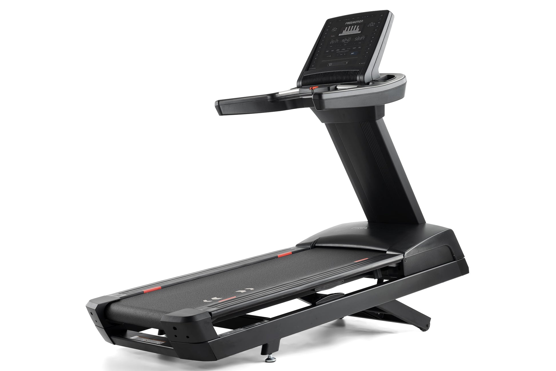 Black Freemotion treadmill with digital console display, gray accents, and red indicator lights on white background