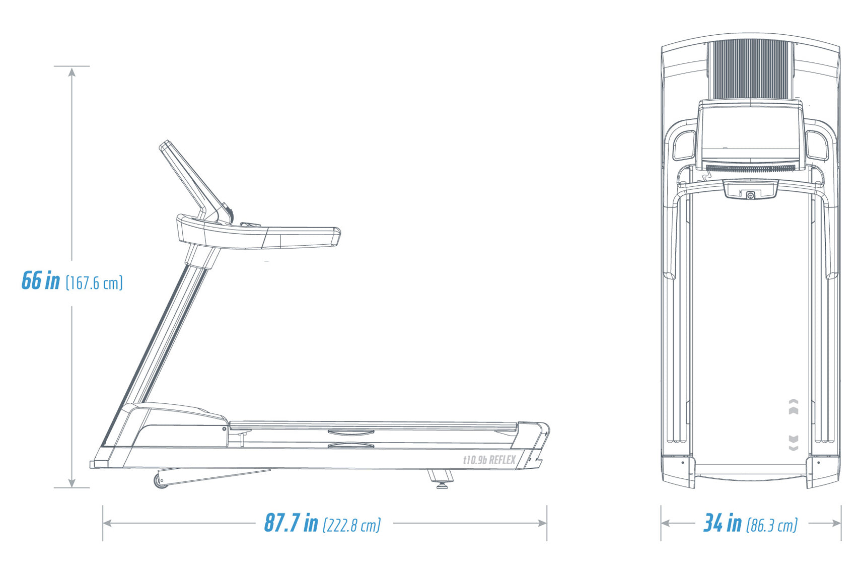 Freemotion t10.9b REFLEX treadmill technical schematic showing side and top-down views with dimensions