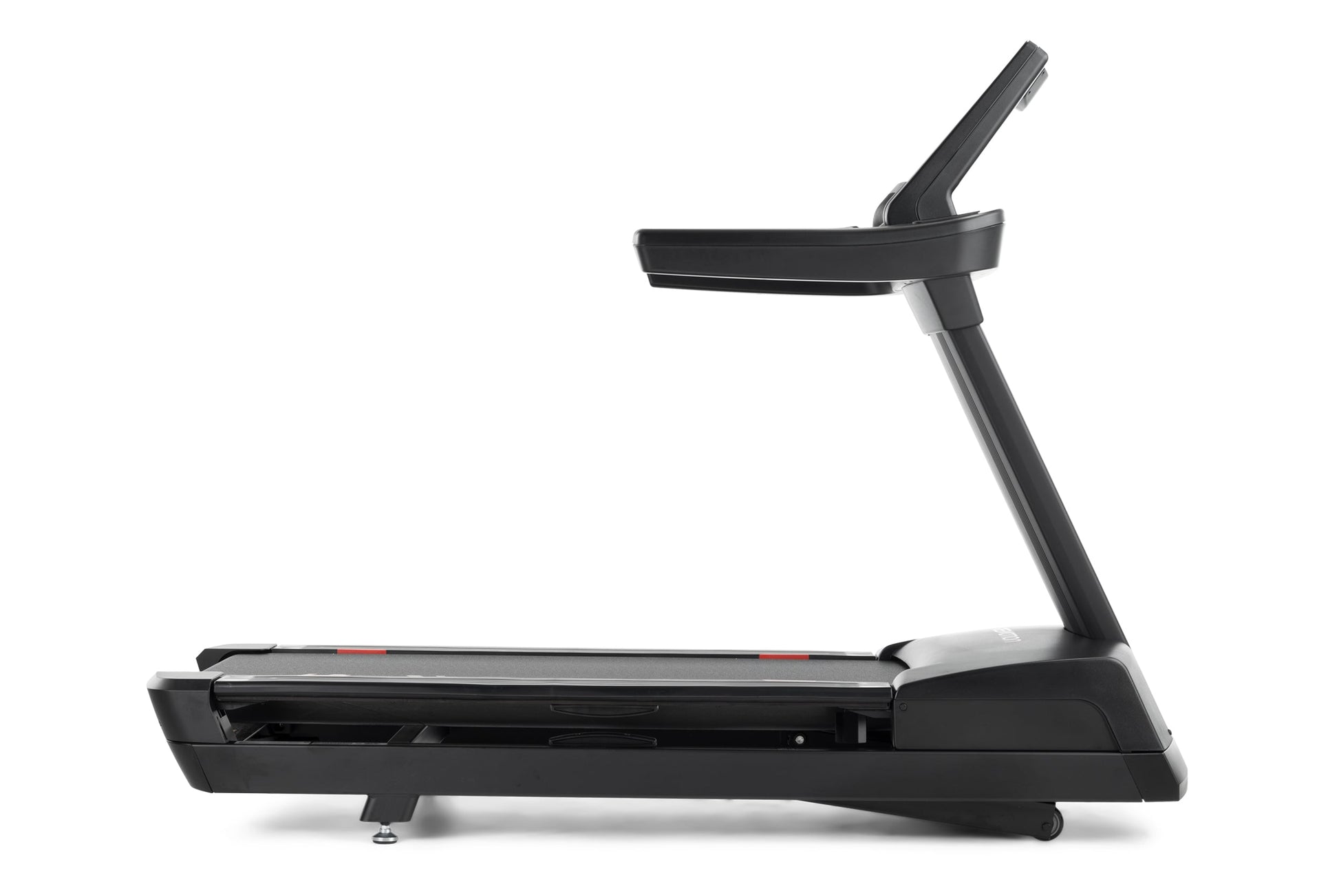 Black motorized treadmill with digital console, handrails, and red accent stripe on running deck, side view on white backgrou