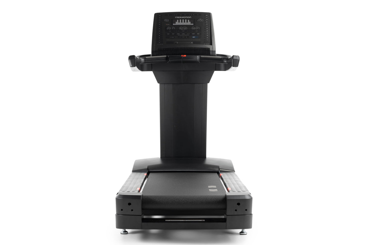 Black Freemotion t10.9b REFLEX treadmill with digital display console, dual handles, and cushioned running deck on white back