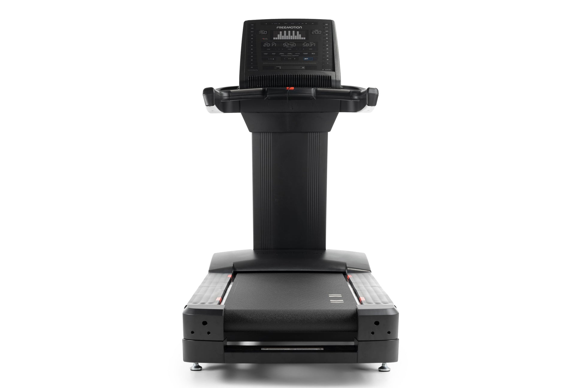 Black Freemotion t10.9b REFLEX treadmill with digital display console, dual handles, and cushioned running deck on white back