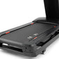 Black motorized treadmill with red accent rails, digital display console, and tall fixed support pole on white background