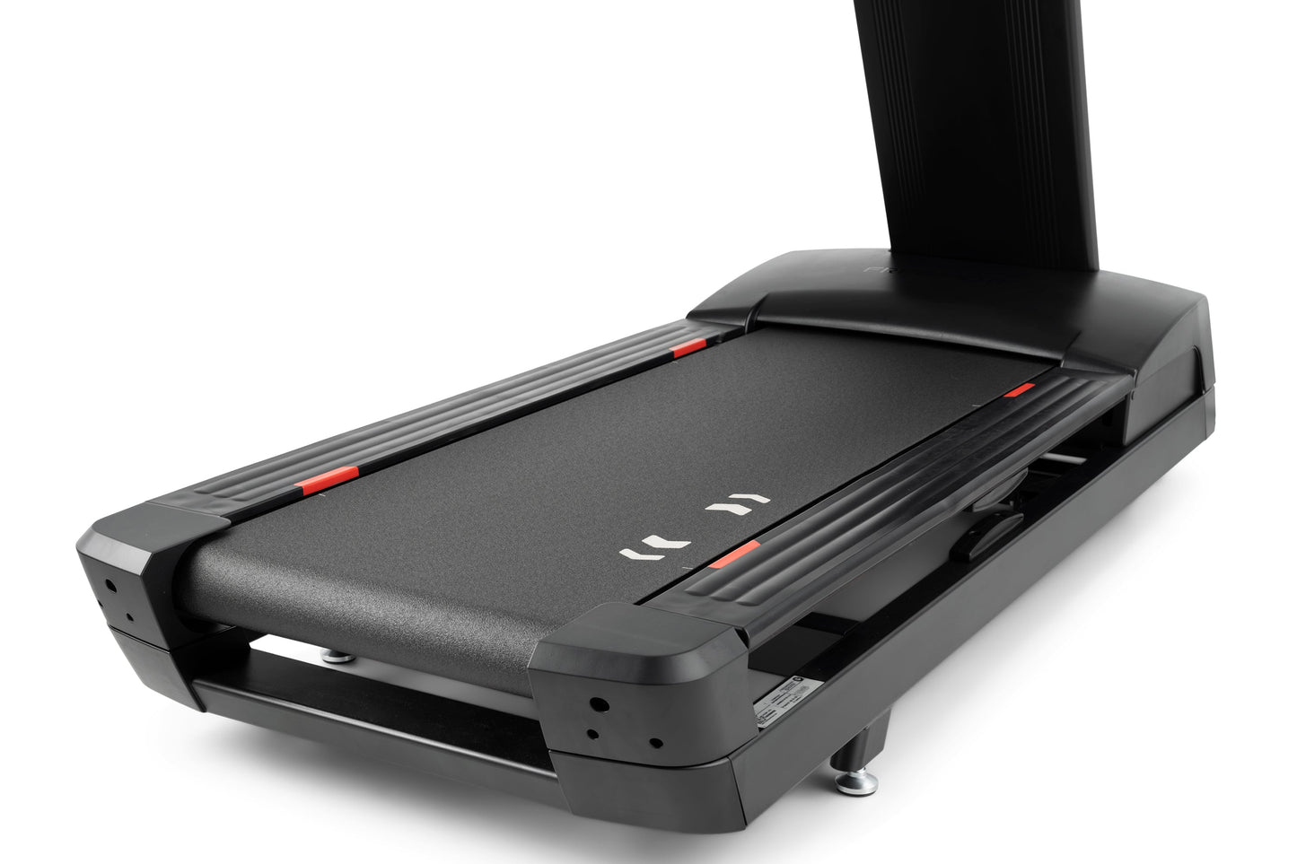 Black motorized treadmill with red accent rails, digital display console, and tall fixed support pole on white background