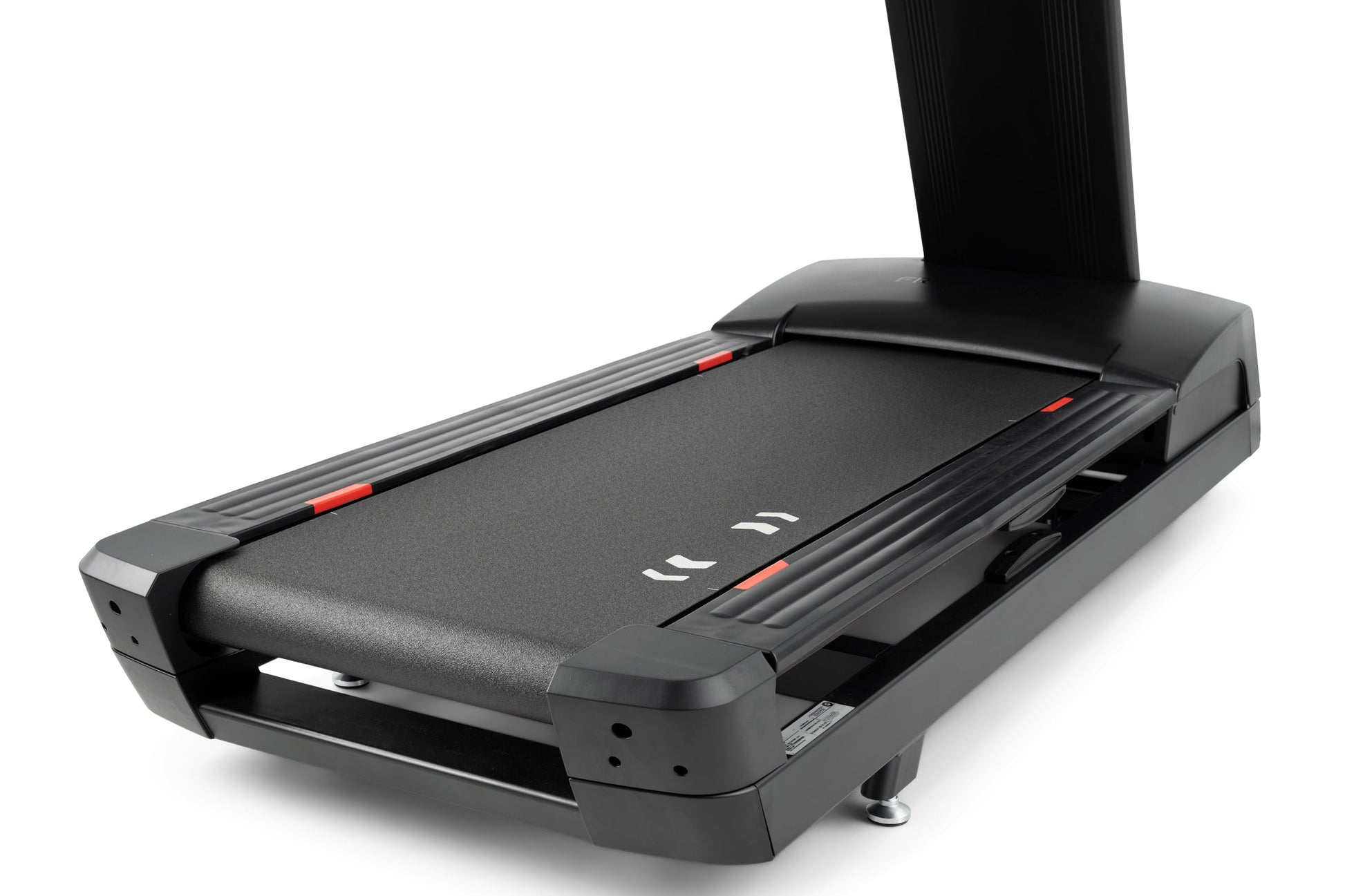 Black motorized treadmill with red accent rails, digital display console, and tall fixed support pole on white background