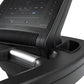 Black treadmill console with digital display, control buttons, and cup holder on base, angled view on white background