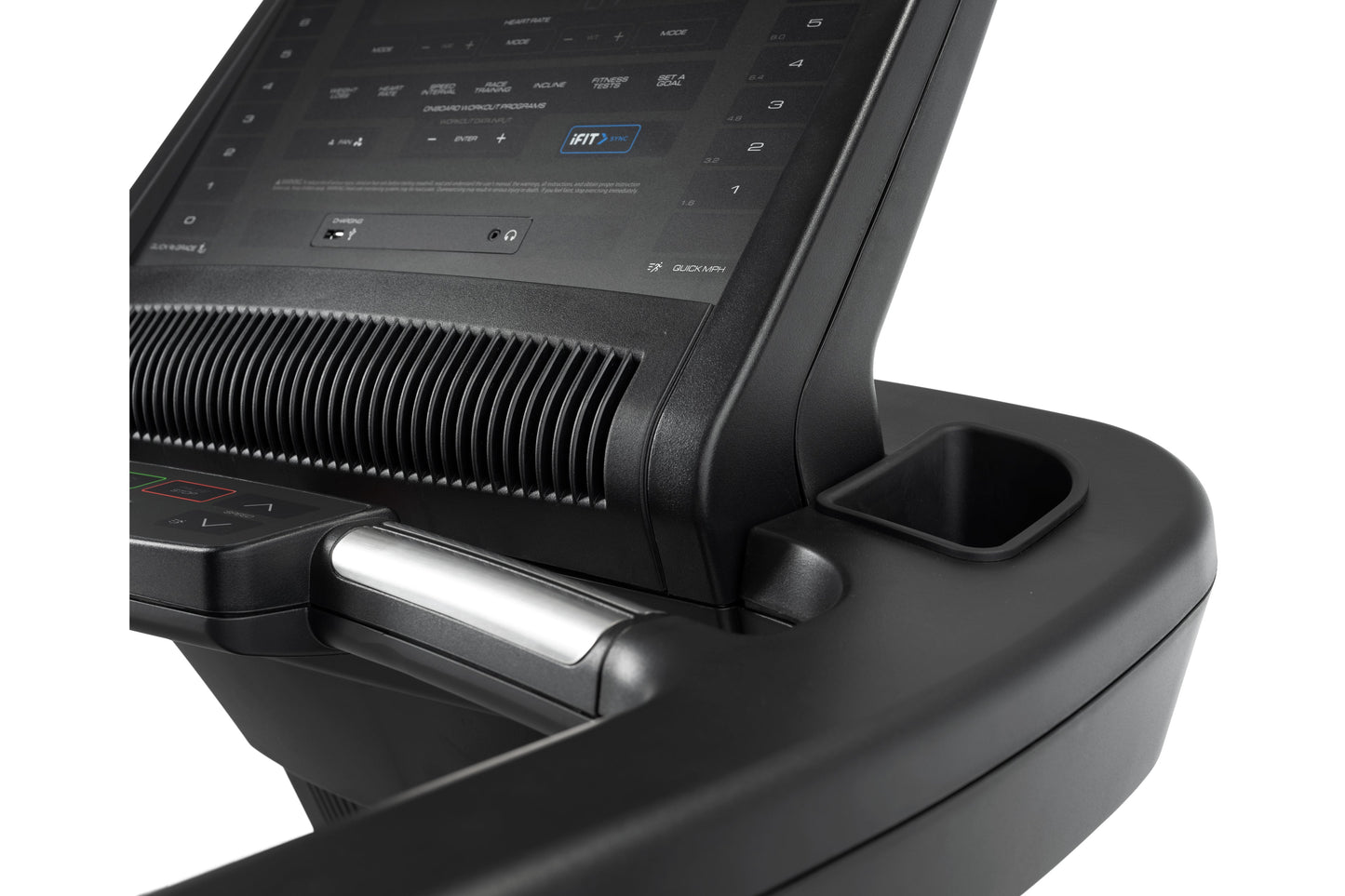 Black treadmill console with digital display, control buttons, and cup holder on base, angled view on white background
