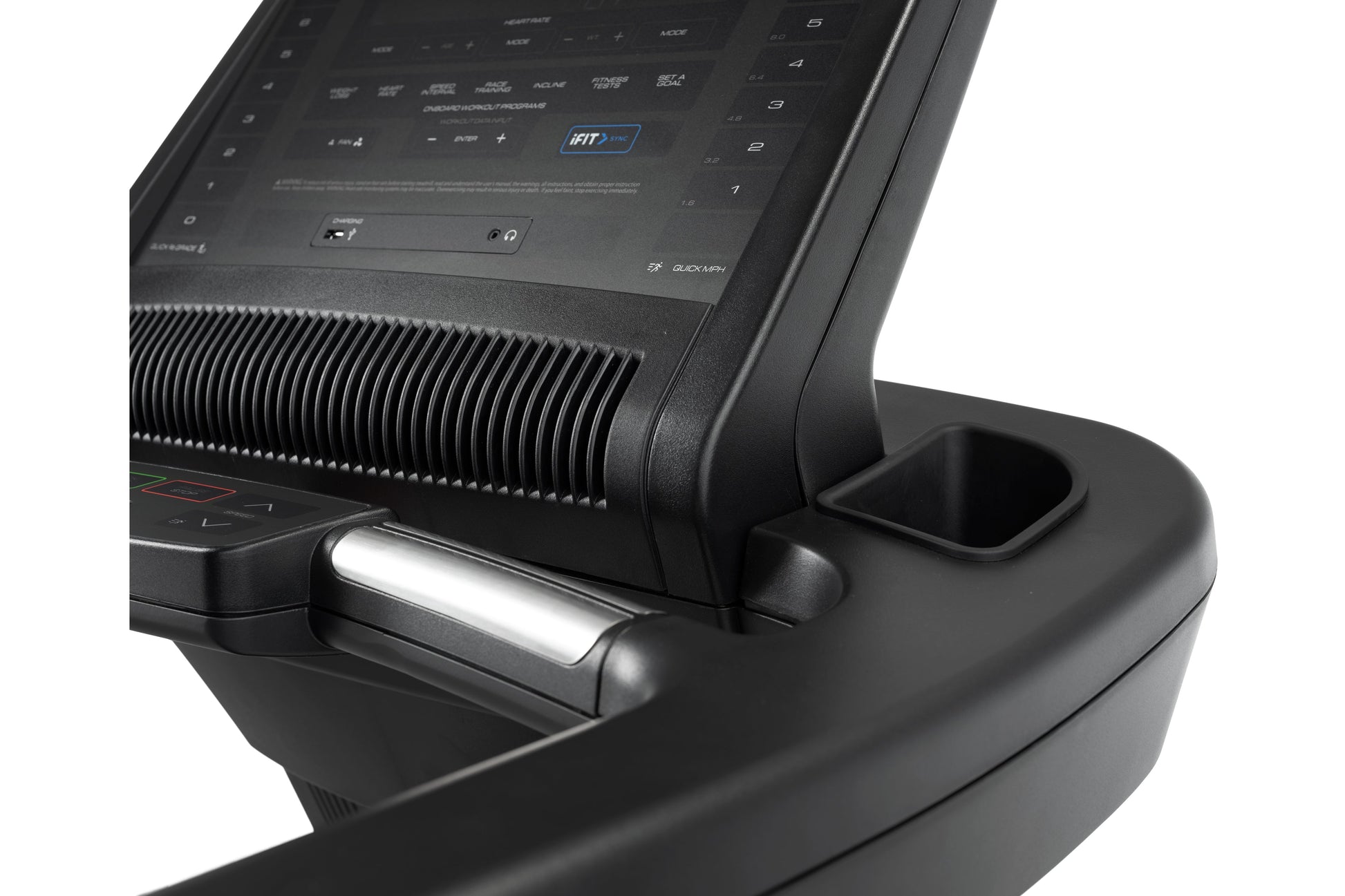 Black treadmill console with digital display, control buttons, and cup holder on base, angled view on white background