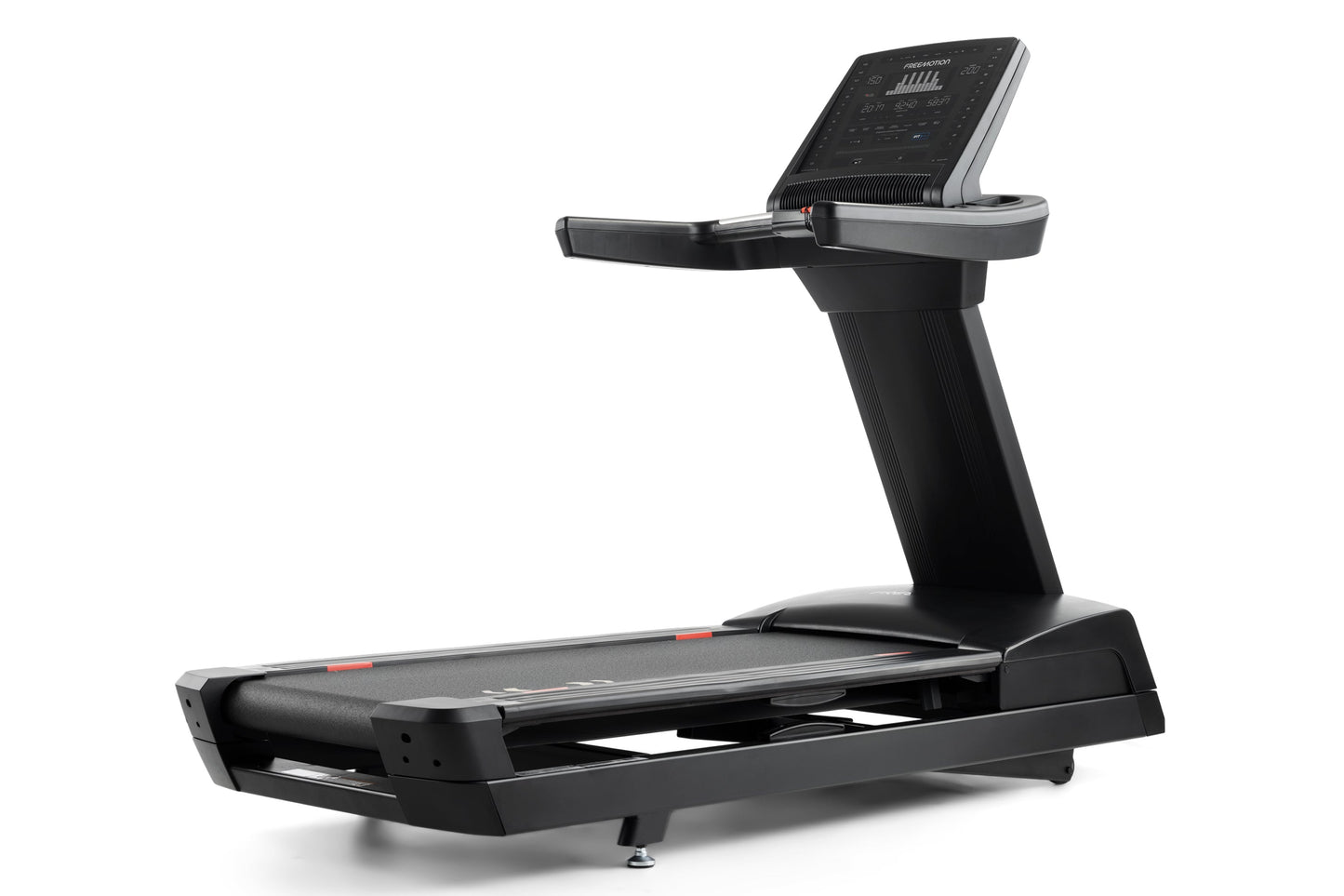 Black Freemotion t10.9b REFLEX treadmill with digital display console, handrails, and cushioned running deck on white backgro