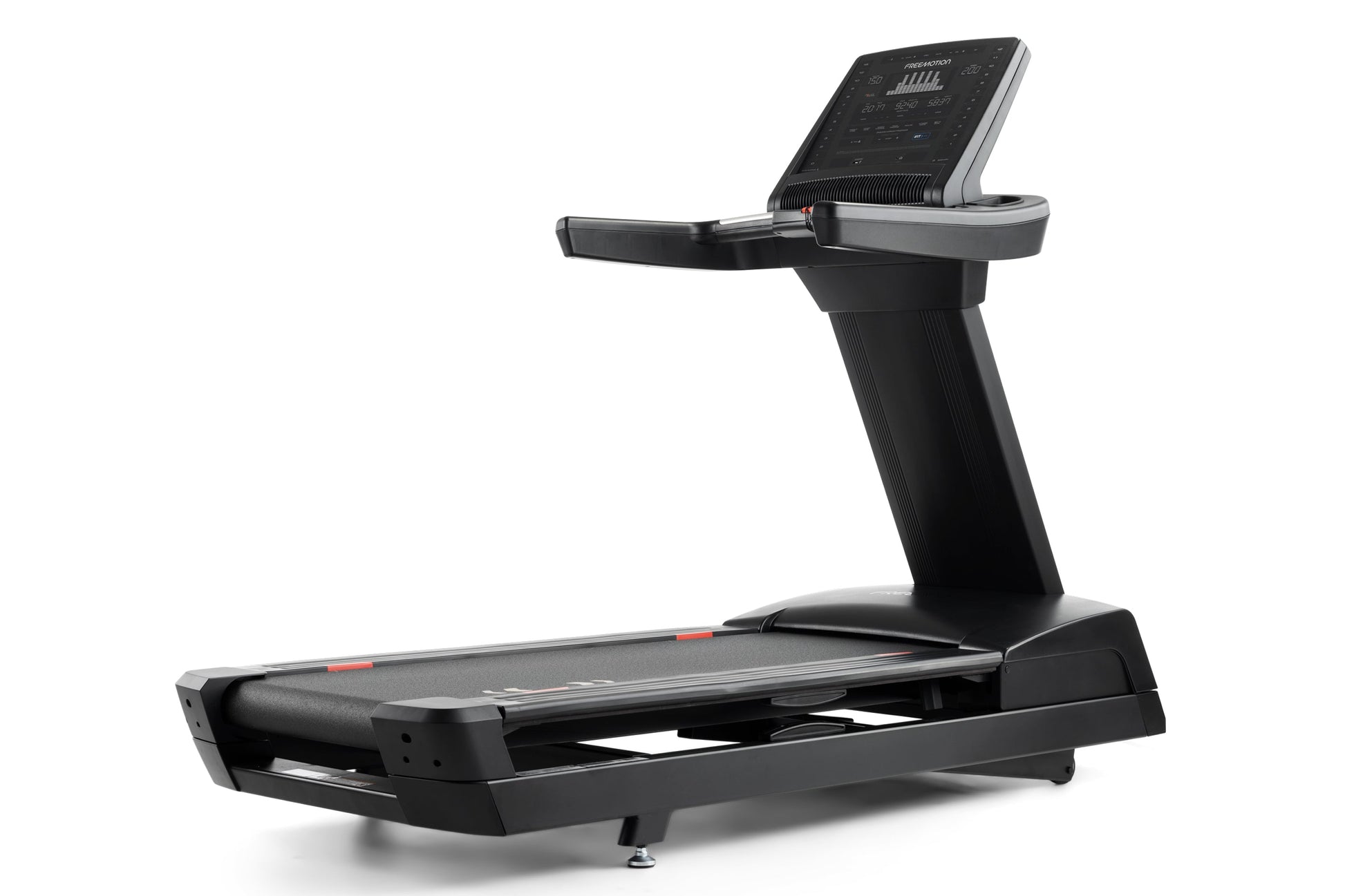 Black Freemotion t10.9b REFLEX treadmill with digital display console, handrails, and cushioned running deck on white backgro