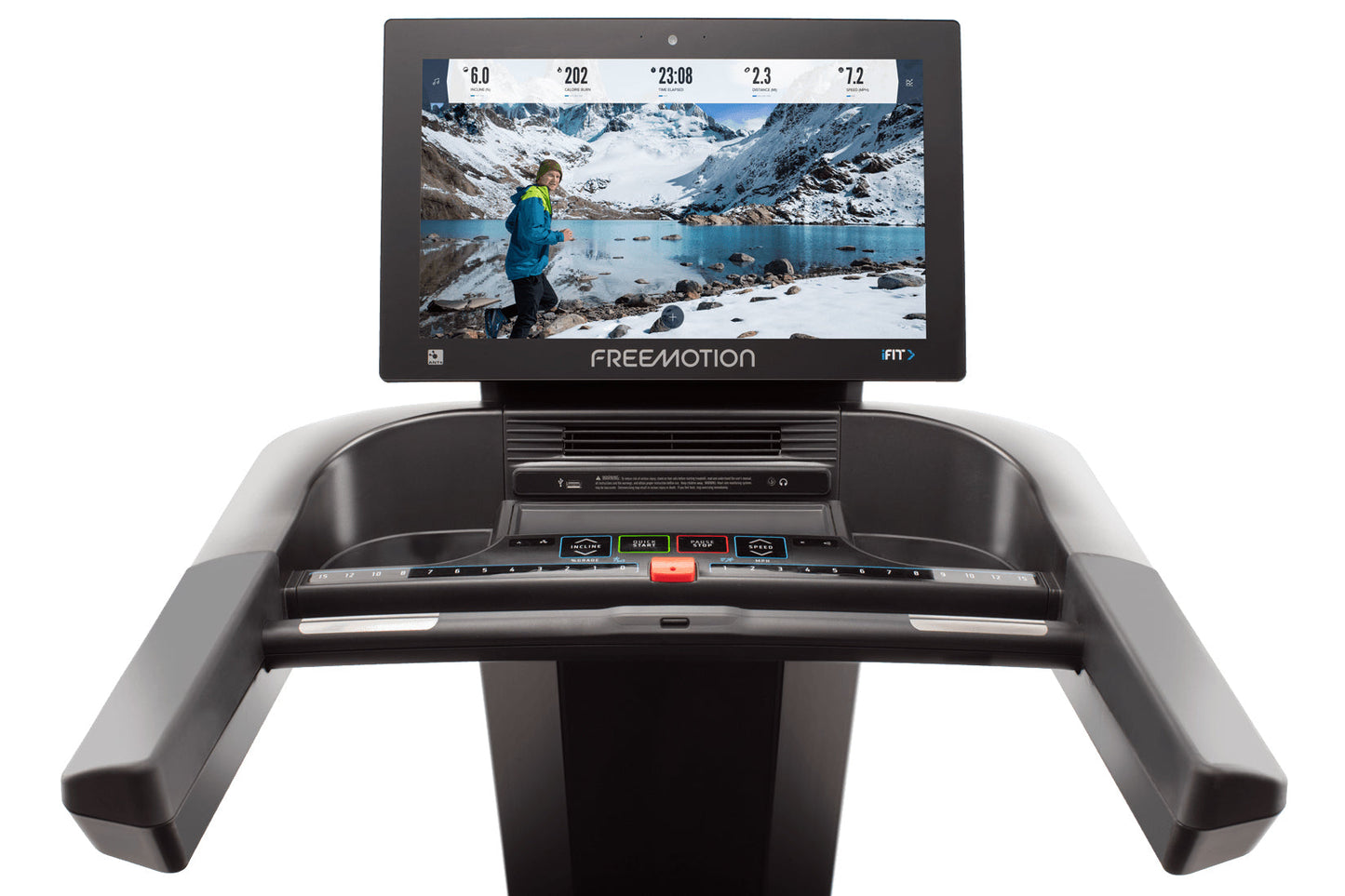Freemotion t22.9 REFLEX treadmill with black frame, touchscreen display showing mountain running scene, and control panel wit