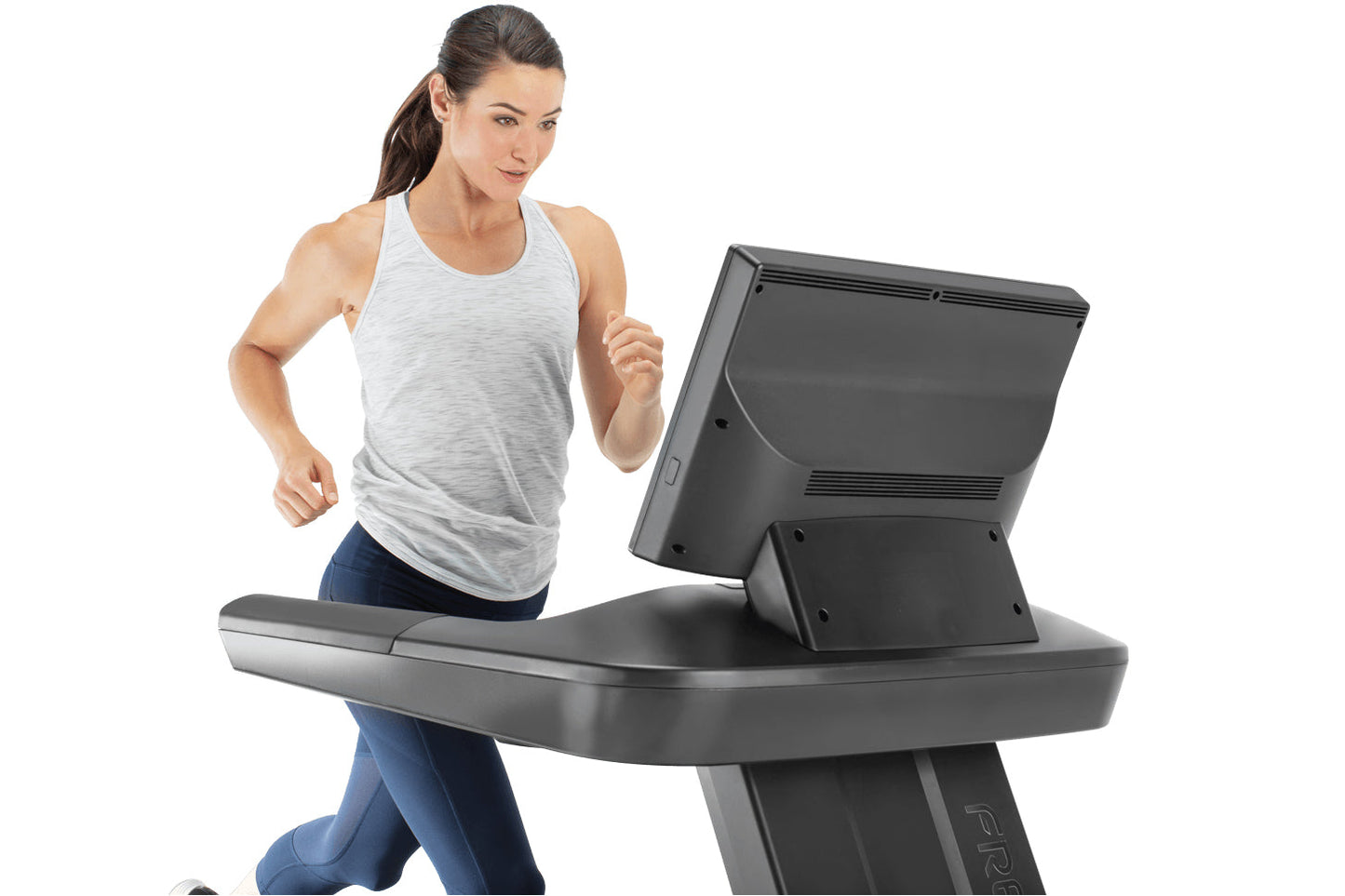Woman wearing light gray sleeveless tank top and navy leggings running on black Freemotion T22.9 REFLEX treadmill with digita