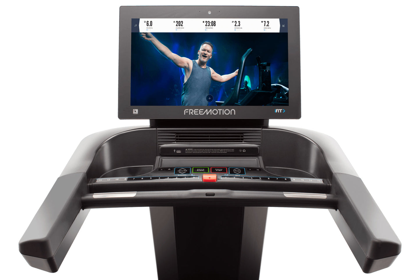 Freemotion t22.9 REFLEX treadmill with gray base, digital display showing fitness video, and control console with buttons on 