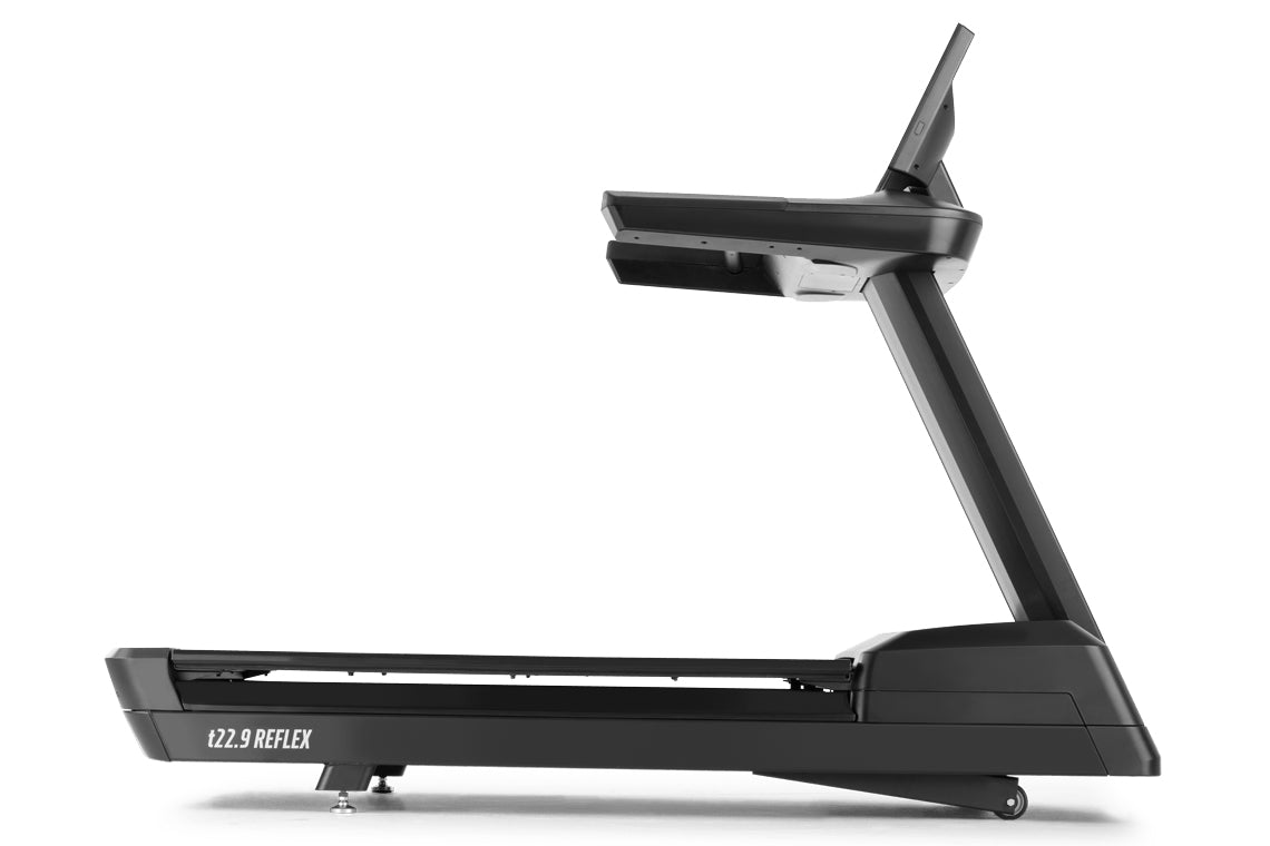 Black motorized treadmill with digital console, adjustable incline, and cushioned running deck on white background
