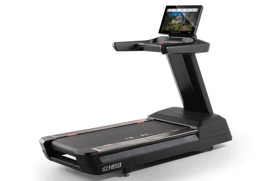 Black Freemotion t22.9 REFLEX treadmill with running deck, digital console displaying scenic landscape, and tablet holder on 