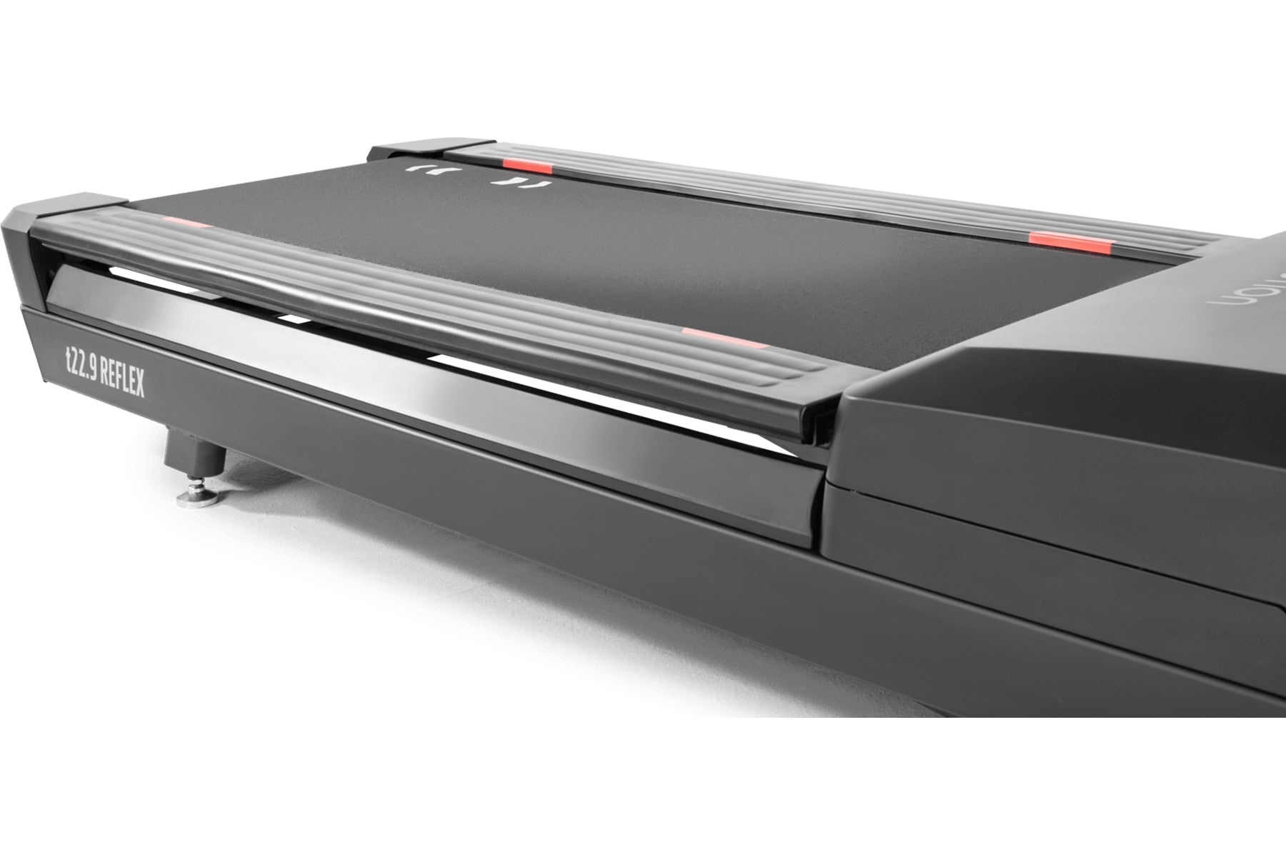Black treadmill with gray accents, digital display console, red safety key, and aluminum handrails on white background