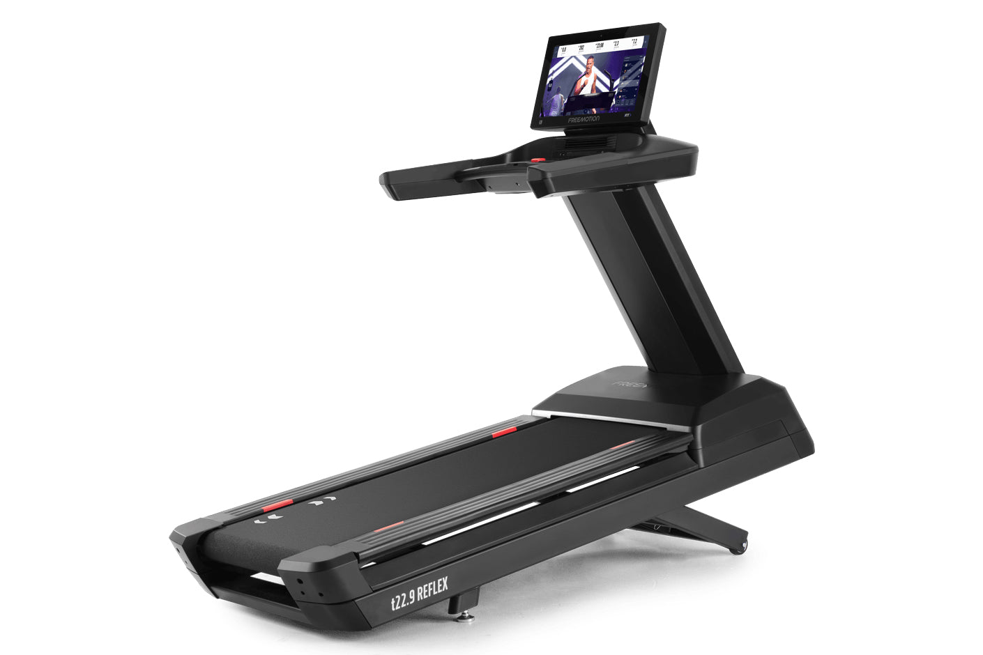 Black Freemotion t22.9 REFLEX treadmill with digital display screen mounted on upright console, shown on white background