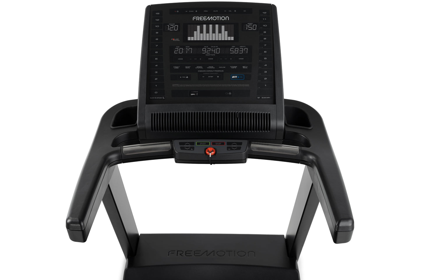 Freemotion t8.9b treadmill with black frame, digital display console showing speed and metrics, and gray accents on white bac