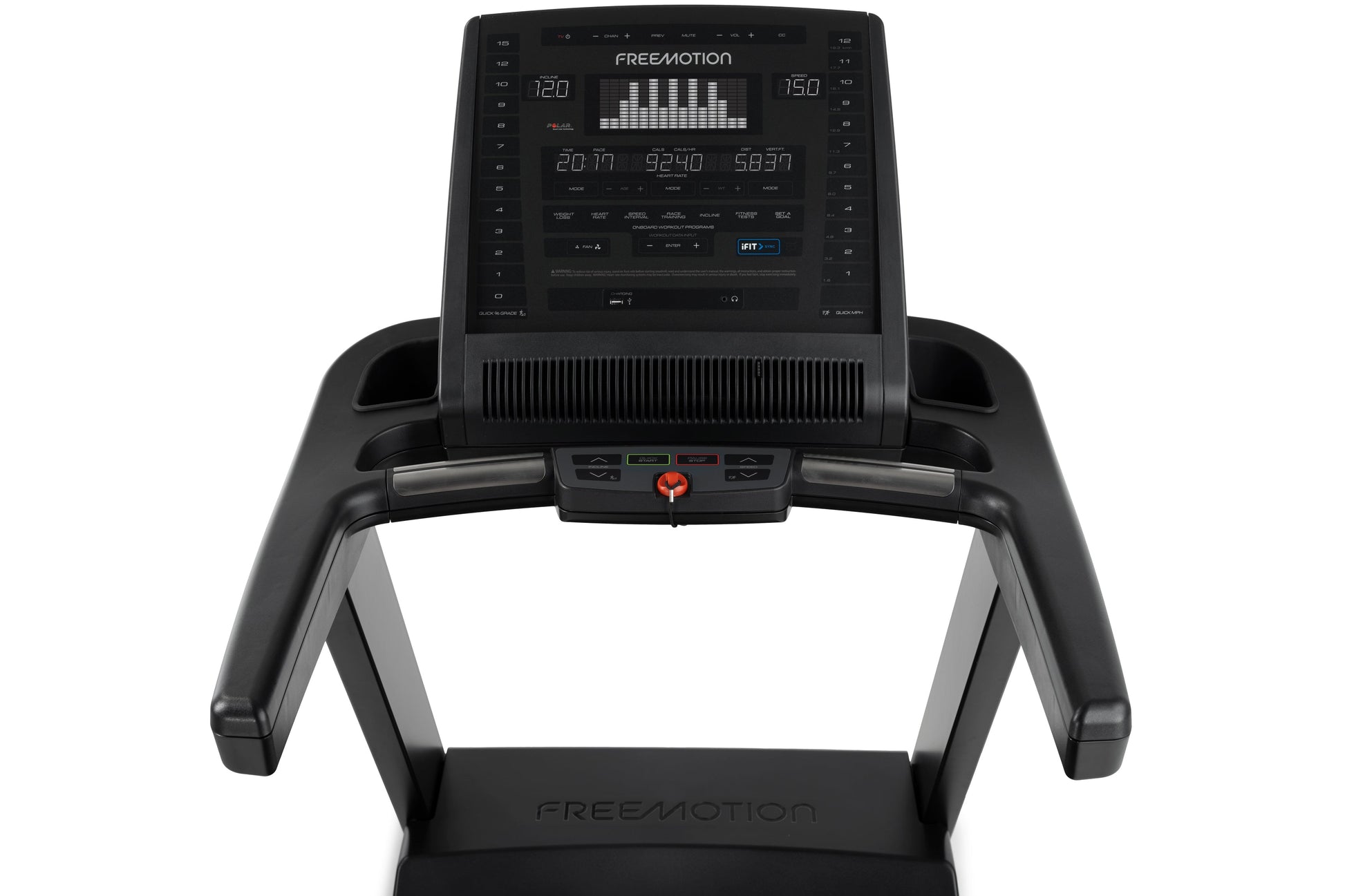 Freemotion t8.9b treadmill with black frame, digital display console showing speed and metrics, and gray accents on white bac