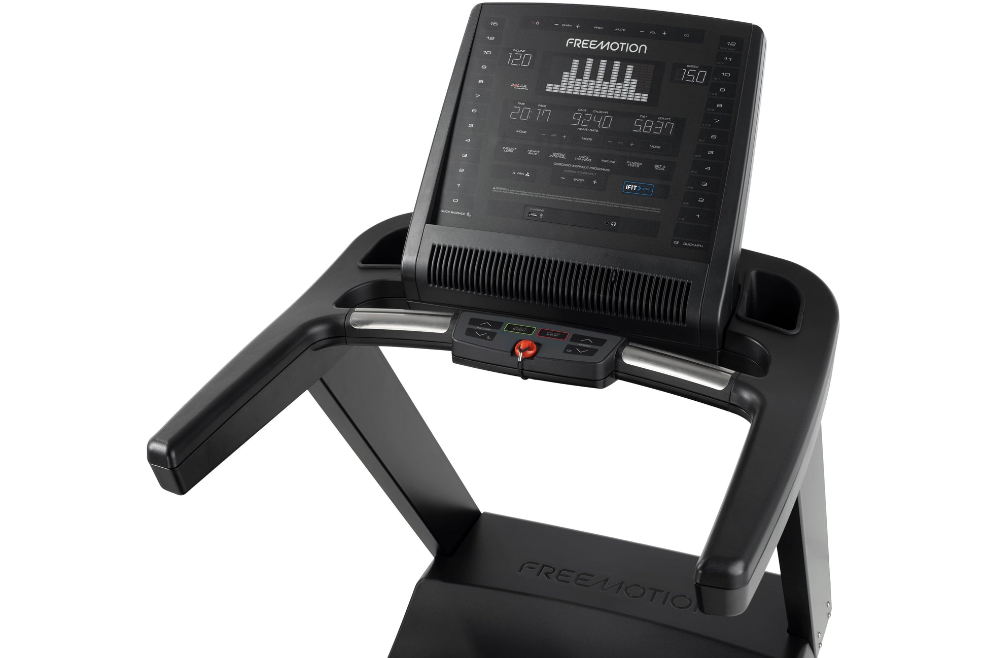 Freemotion t8.9b black treadmill with digital touchscreen console displaying workout metrics on white background