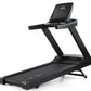 Black motorized treadmill with digital touchscreen display showing workout metrics and data visualization on white background