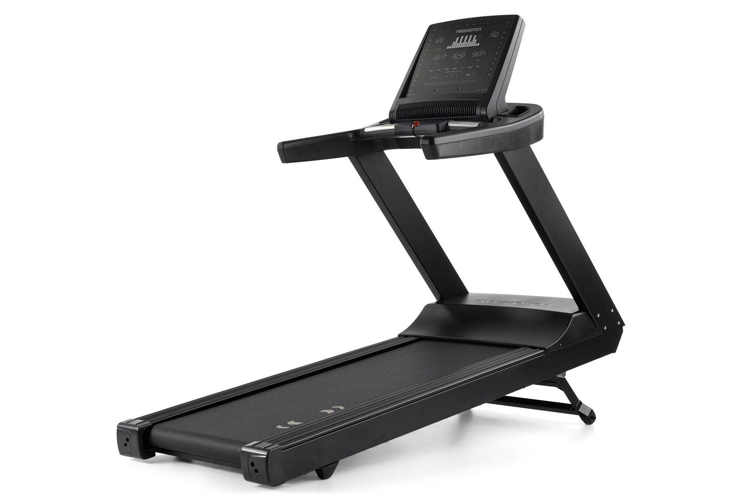 Black motorized treadmill with digital touchscreen display showing workout metrics and data visualization on white background