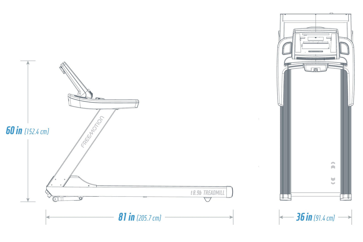 Freemotion t8.9b treadmill technical specification diagram showing side and front views with dimensions