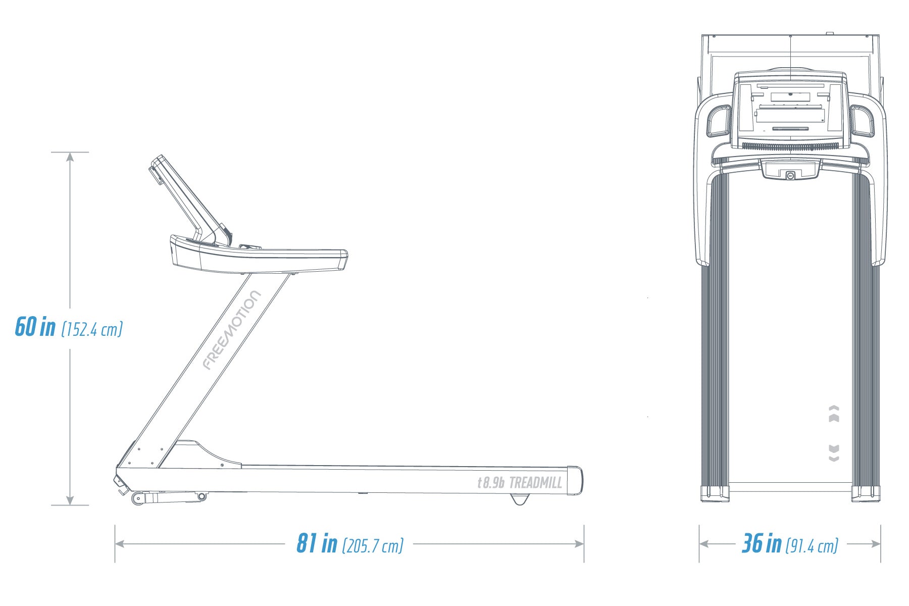 Freemotion t8.9b treadmill technical specification diagram showing side and front views with dimensions