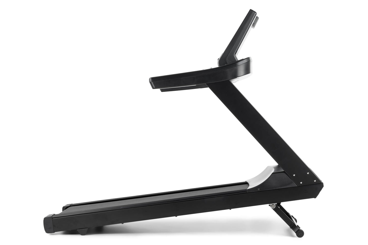 Black Freemotion t8.9b treadmill with angled running deck, vertical handlebar, and control panel on white background