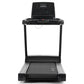 Black Freemotion t8.9b treadmill with digital display console, handrails, and running belt on white background