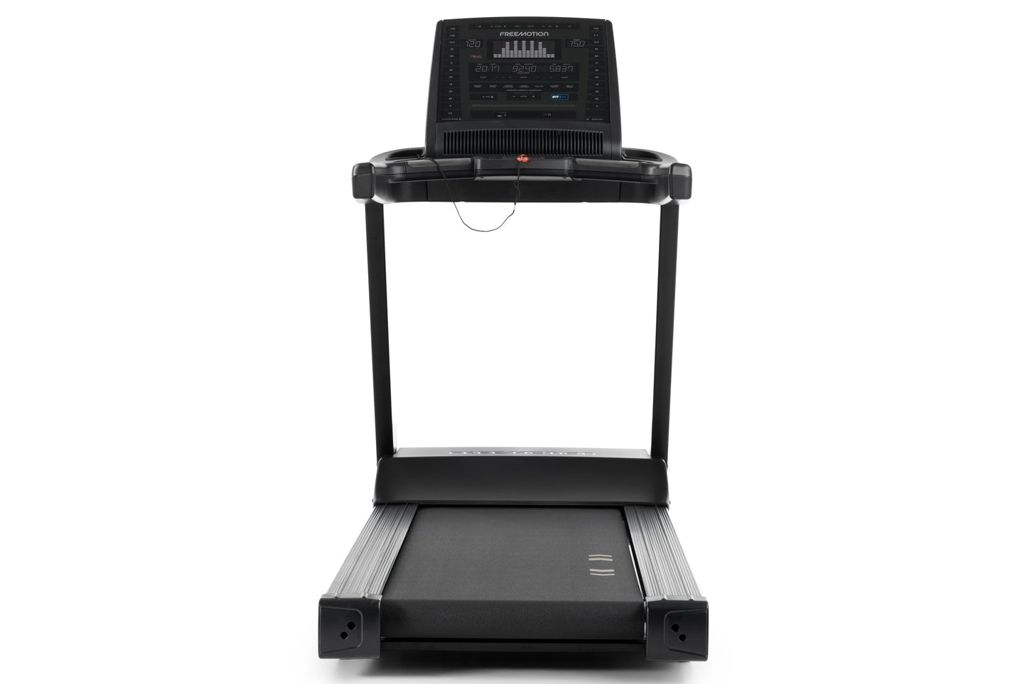 Black Freemotion t8.9b treadmill with digital display console, handrails, and running belt on white background