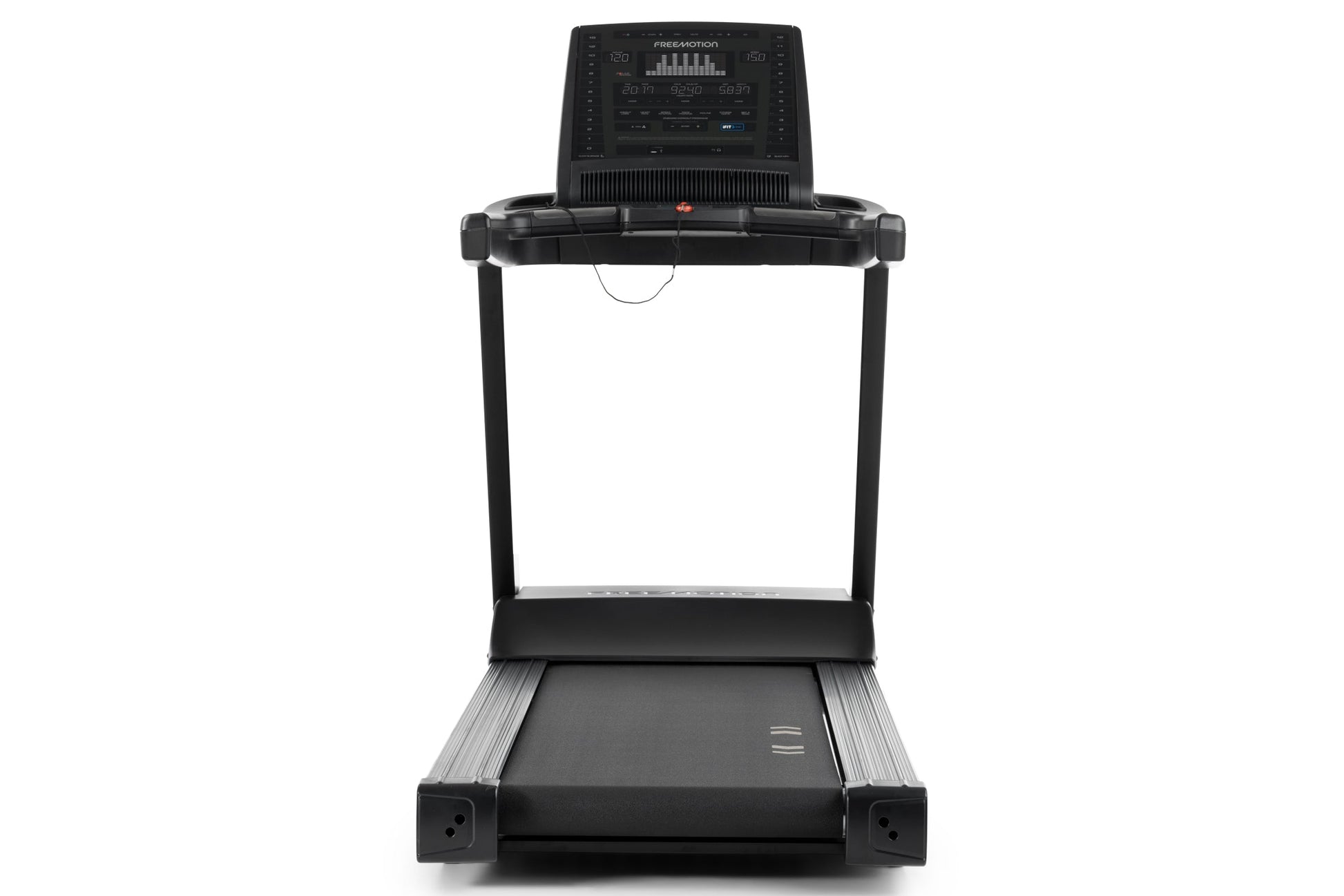 Black Freemotion t8.9b treadmill with digital display console, handrails, and running belt on white background