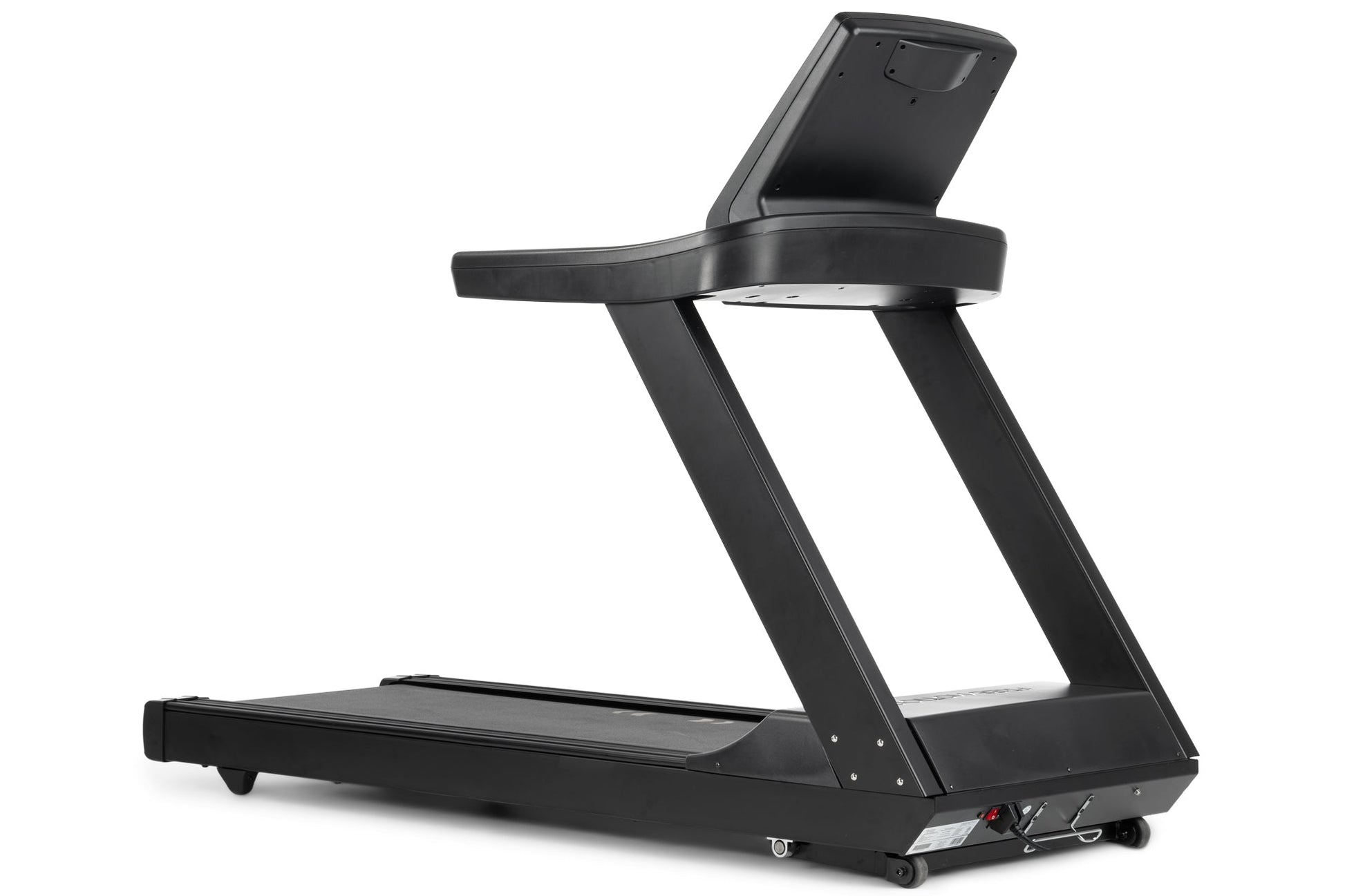 Black motorized treadmill with digital display console, handrails, and rolling base on white background