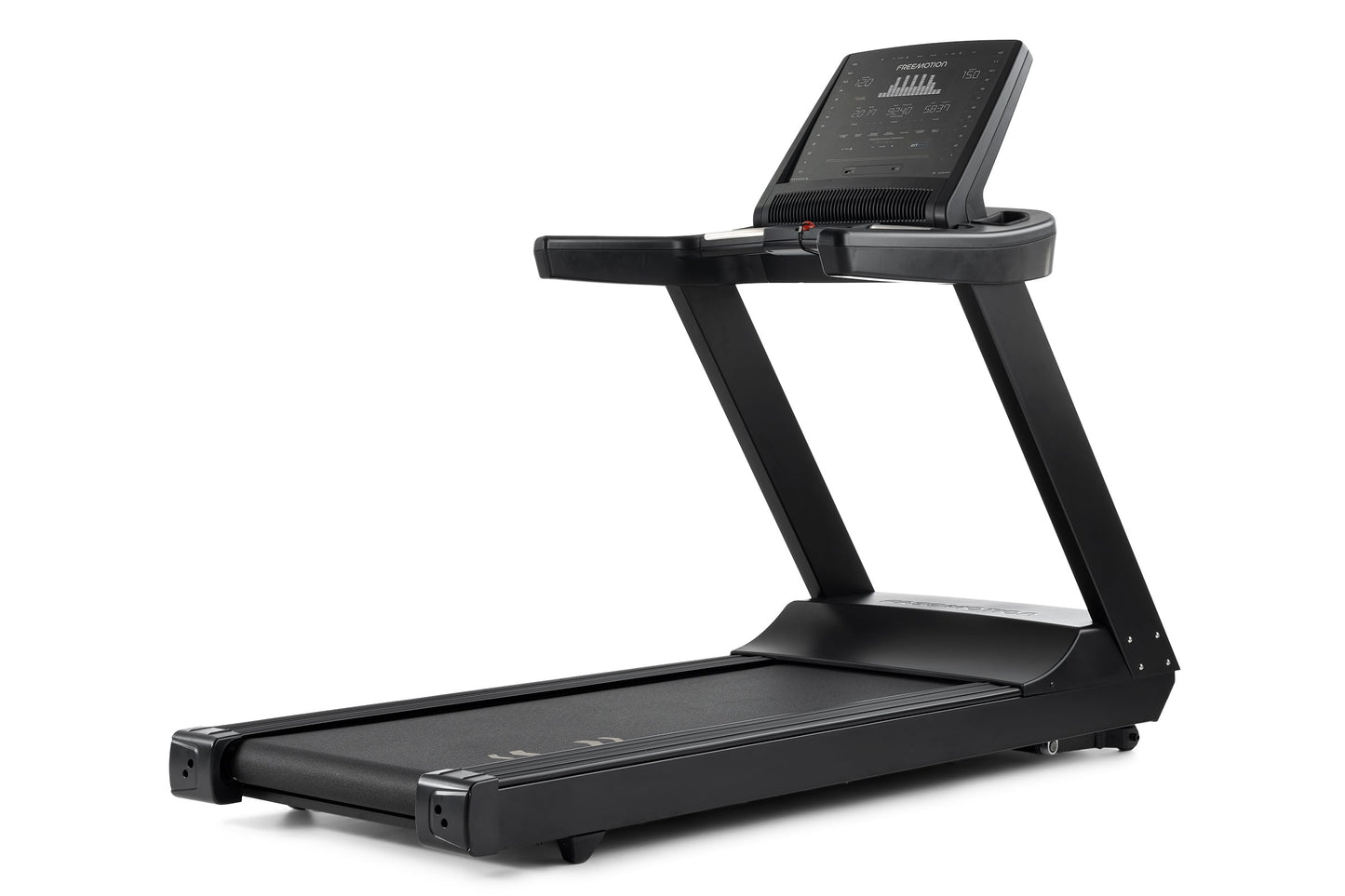 Black Freemotion t8.9b treadmill with digital display console, cushioned running deck, and folding frame on white background