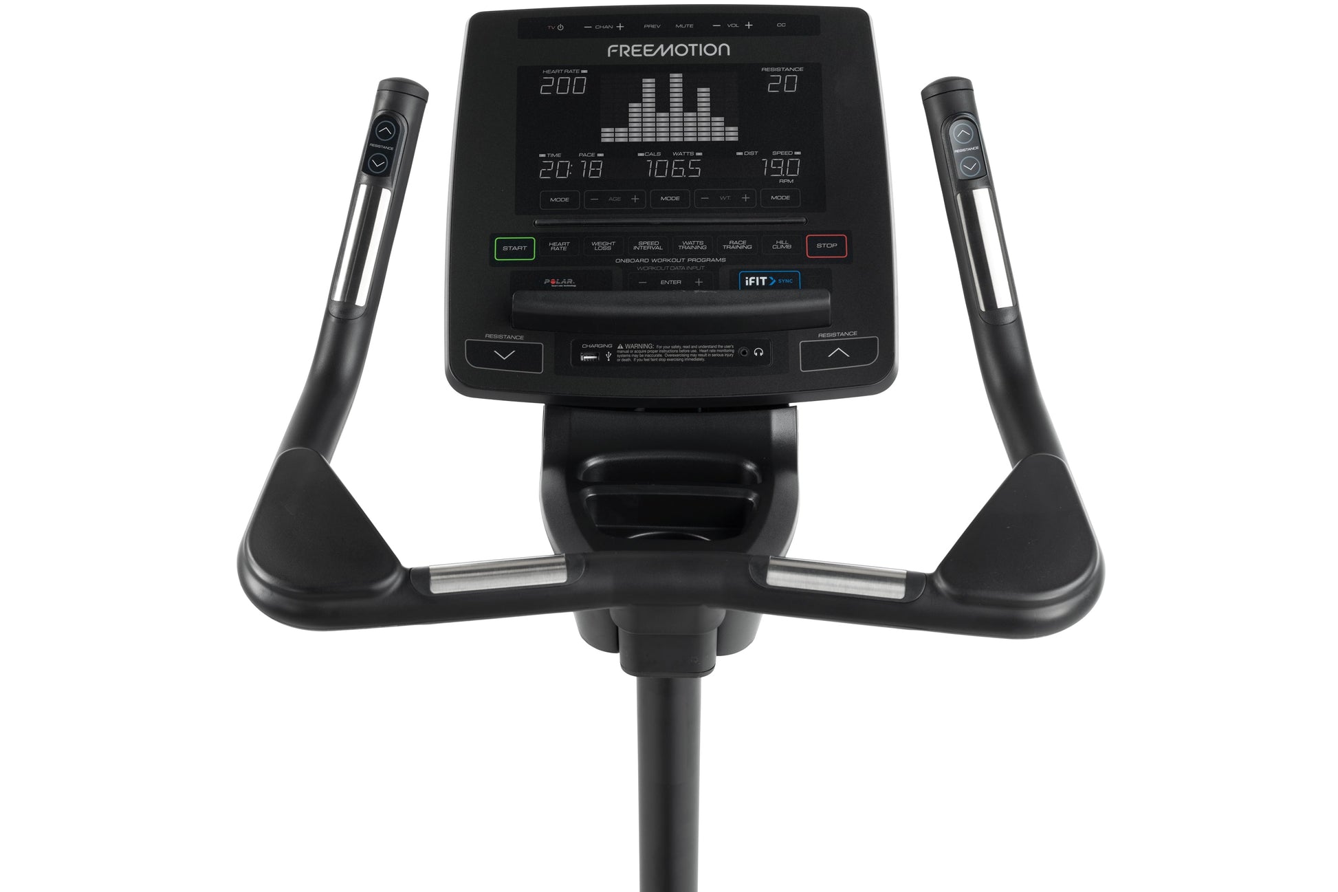 Black Freemotion upright exercise bike with digital console displaying metrics, dual handlebar grips, and pedals on white bac