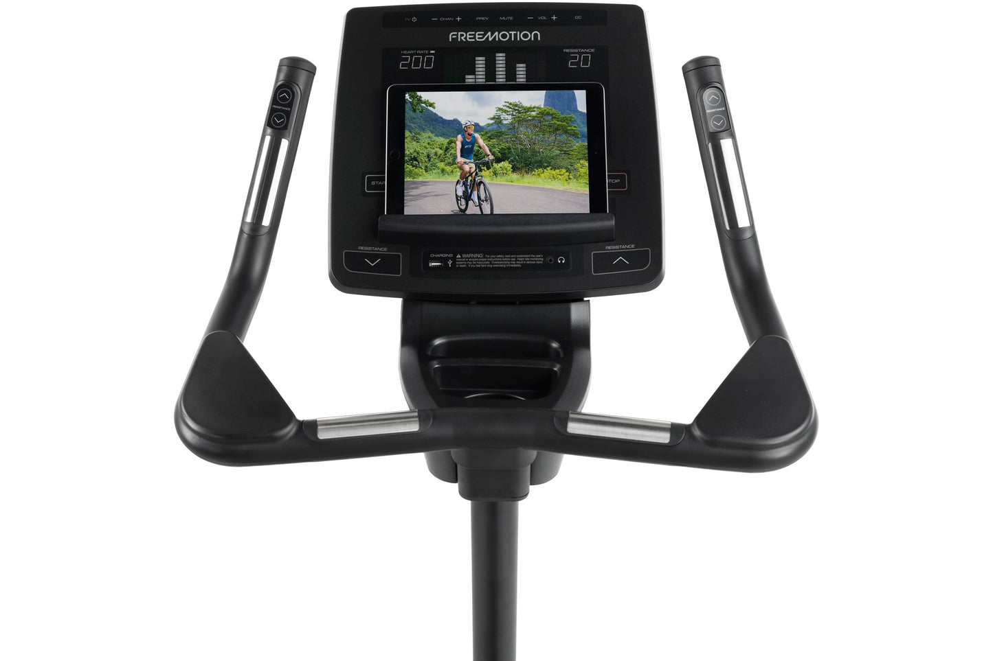 Freemotion u10.9b black upright exercise bike with dual handles, digital display screen, and pedals on white background
