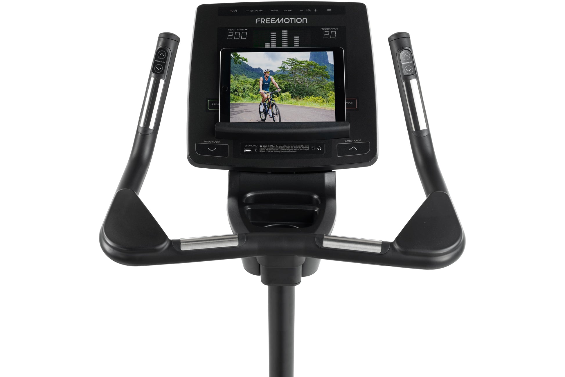 Freemotion u10.9b black upright exercise bike with dual handles, digital display screen, and pedals on white background