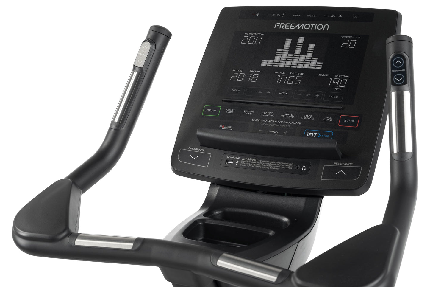 Freemotion u10.9b upright exercise bike with black frame, digital display showing heart rate and workout metrics, dual handle