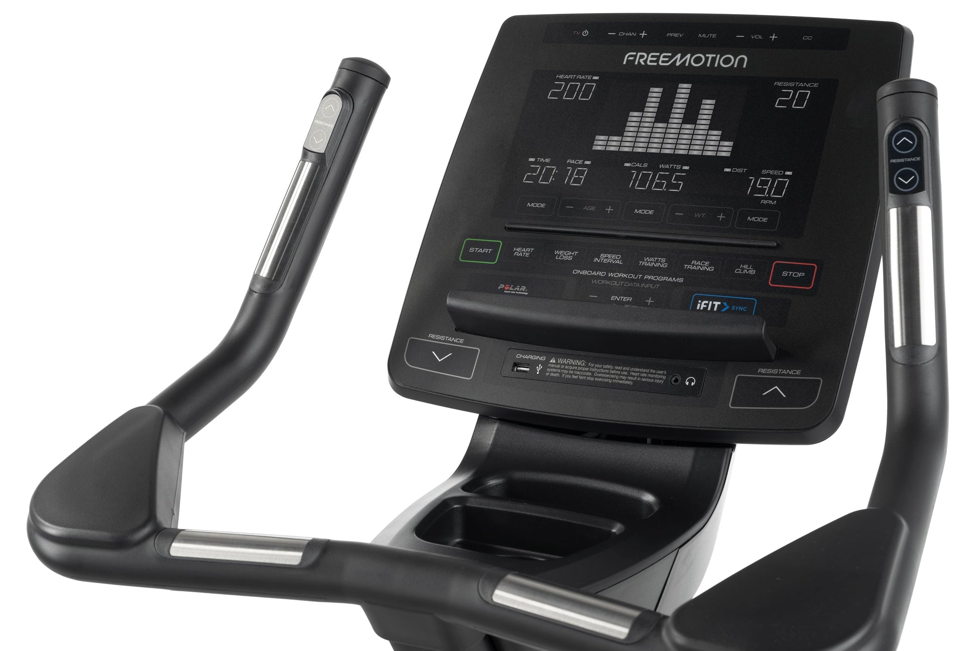 Freemotion u10.9b upright exercise bike with black frame, digital display showing heart rate and workout metrics, dual handle