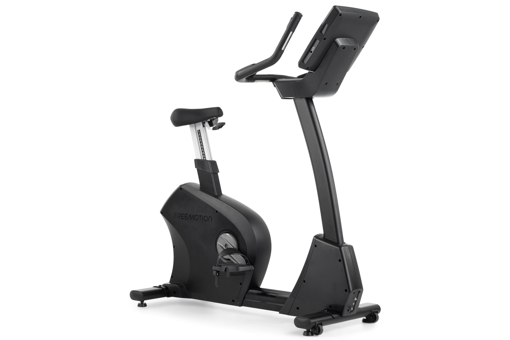 Black upright exercise bike with digital display console, padded seat, curved handlebar, and stabilizing base on white backgr