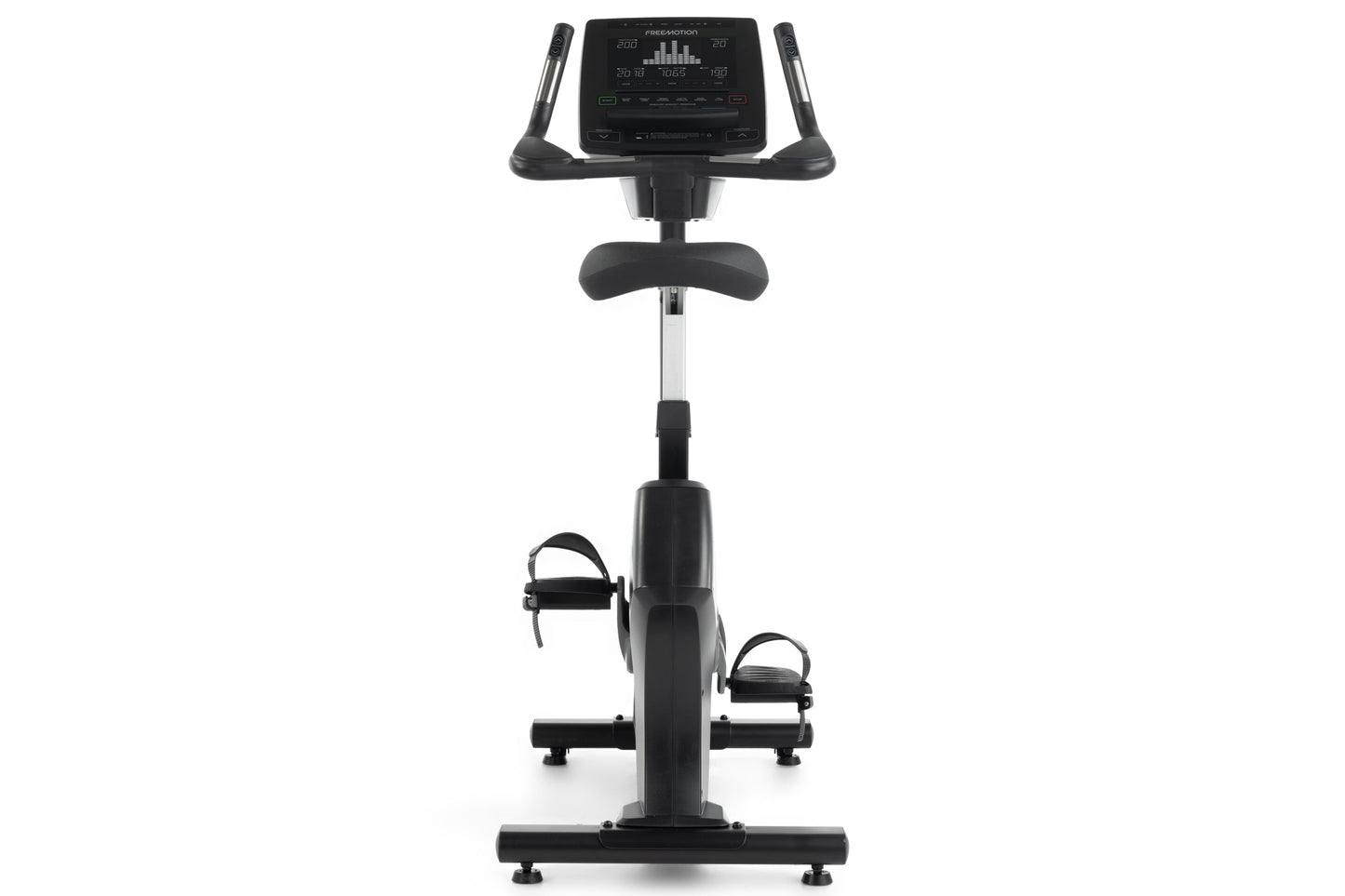 Black upright exercise bike with digital console display, dual handles, padded seat, and foot pedals on white background