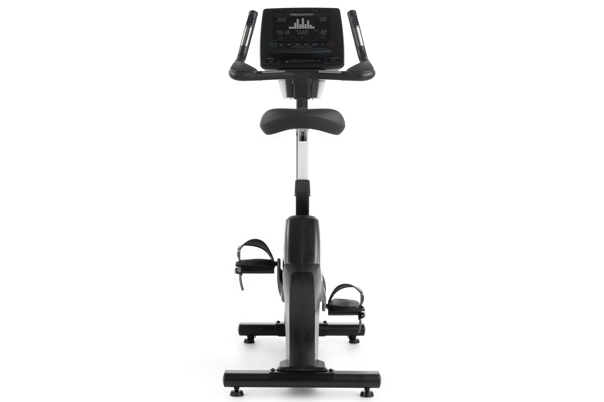 Black upright exercise bike with digital console display, dual handles, padded seat, and foot pedals on white background