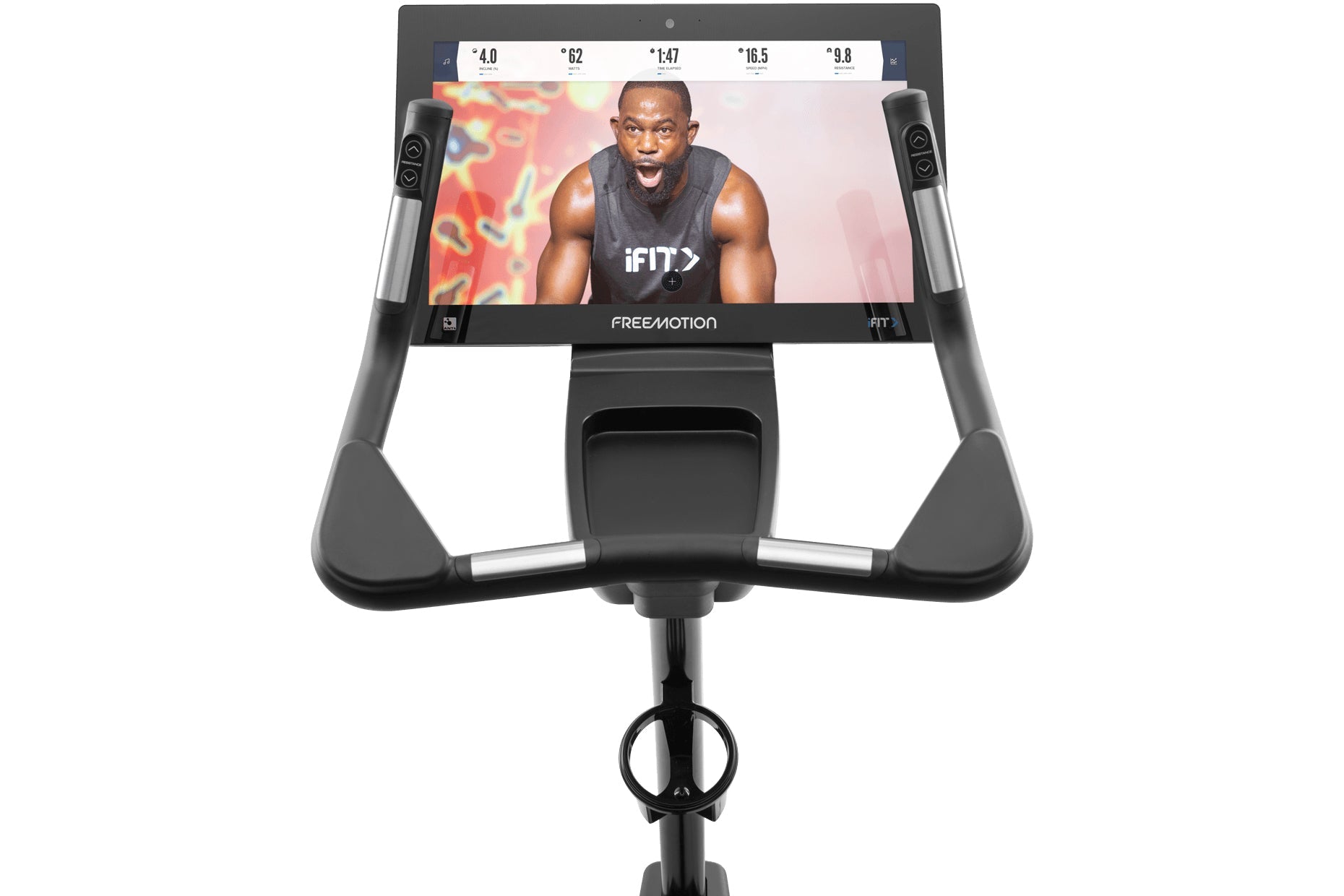 Freemotion u22.9 upright exercise bike with black and silver frame, touchscreen display showing iFIT content, and dual speake