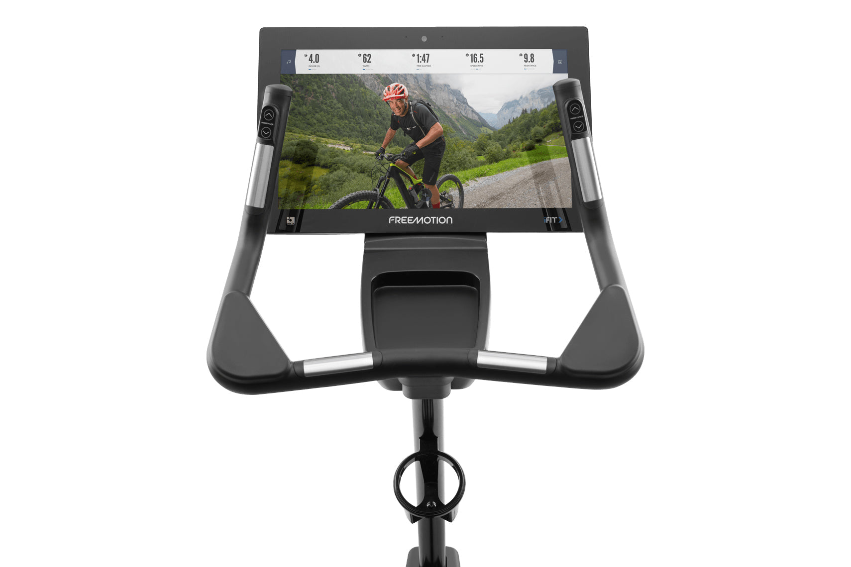Freemotion u22.9 upright exercise bike with black and gray frame, digital display showing cyclist on mountain road, and built