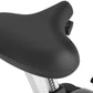 Black padded exercise bike seat with adjustment mechanism and white metal post on white background