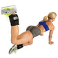 Athlete wearing black adjustable ankle weights with neon yellow straps during plank exercise on white background