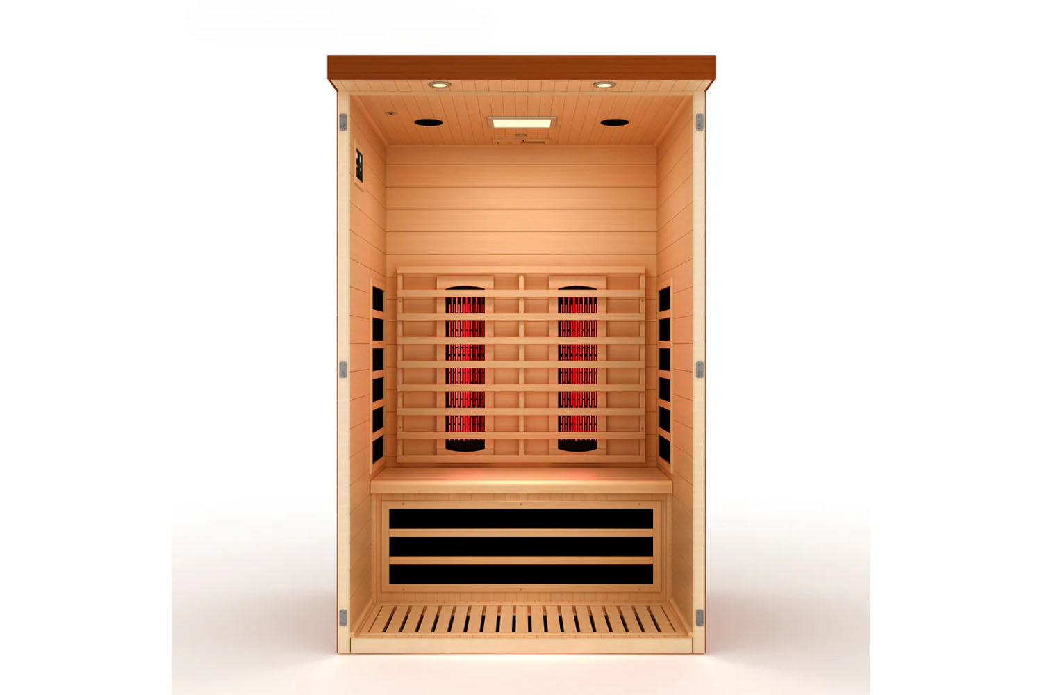 Wooden infrared sauna with red lights