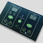 Dark teal digital control panel with green illuminated buttons, temperature and timer digital displays, power and heat contro